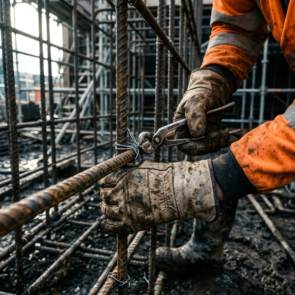 Steel fixer tying rebar on site — built from the mud up
